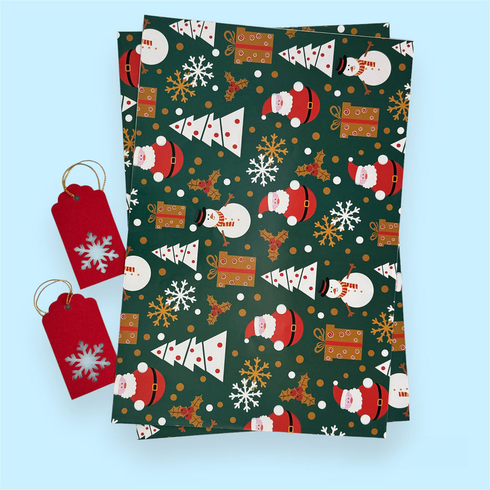 Santa and snowman holiday wrapping paper & gift tags (2 Sheets)